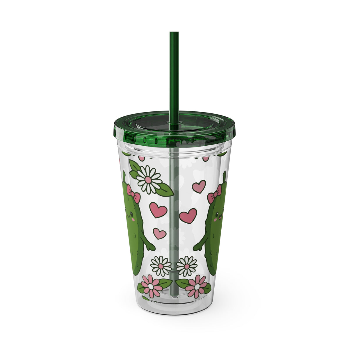 Full Wrap - Cute Pickle Love 16oz Tumbler with Straw — Floral Heart Kawaii Drink Cup