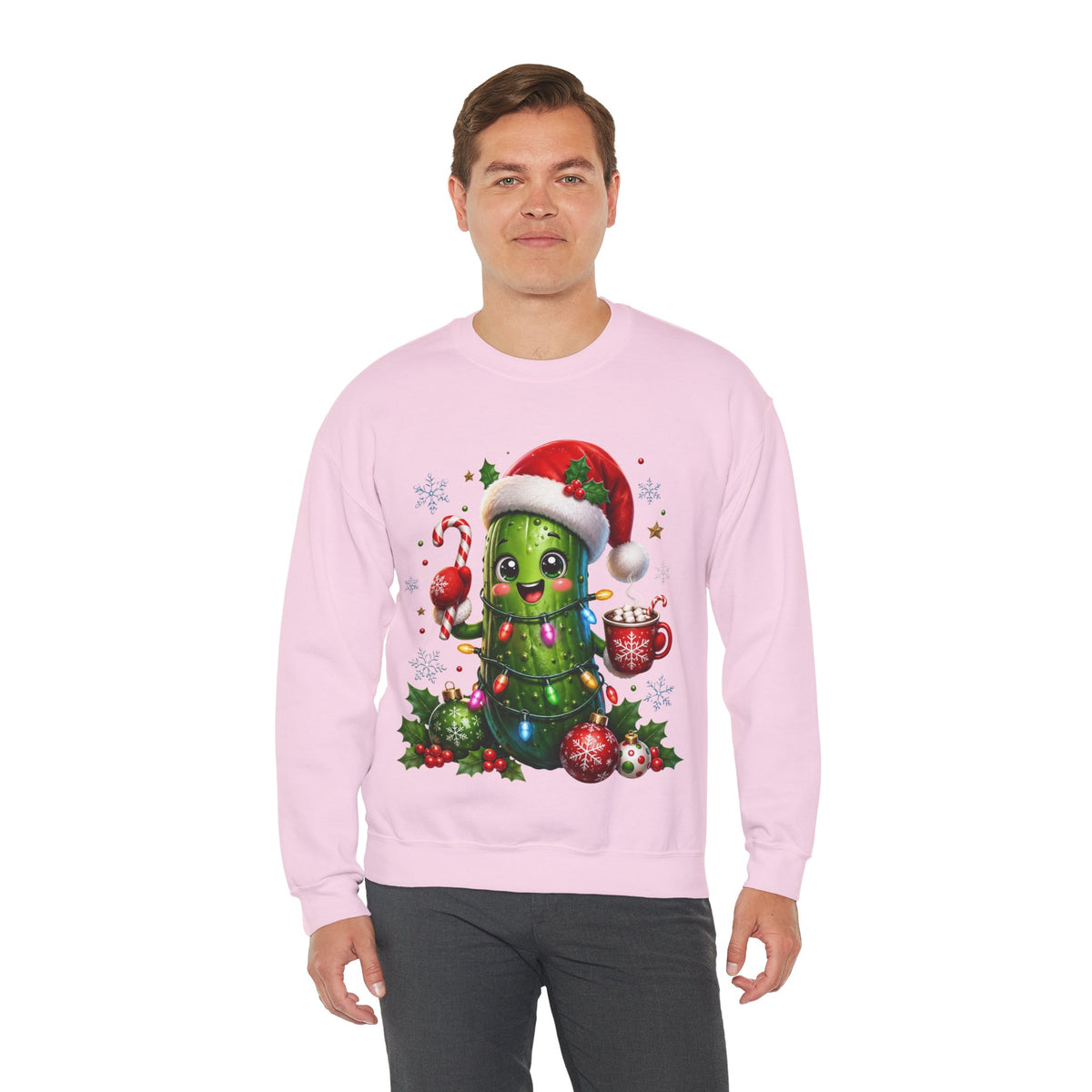 MD - Christmas Pickle Sweatshirt – Cute Holiday Pickle in Santa Hat with Candy Cane & Hot Cocoa