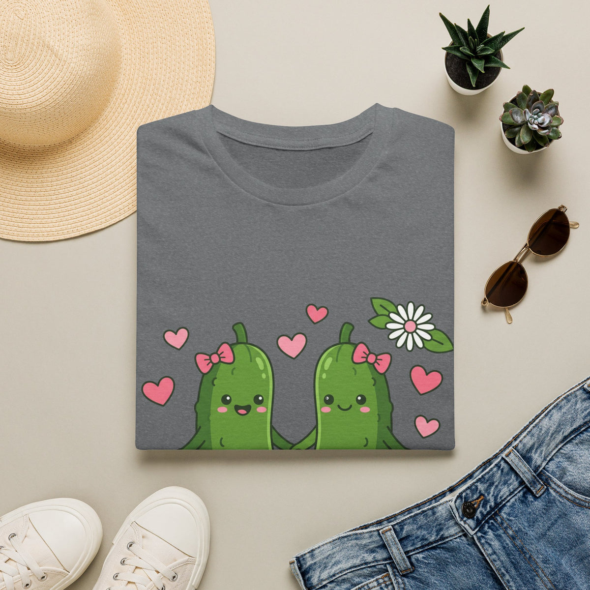 Cute Pickle Couple T-Shirt — Kawaii Matching Pickles with Hearts & Flowers