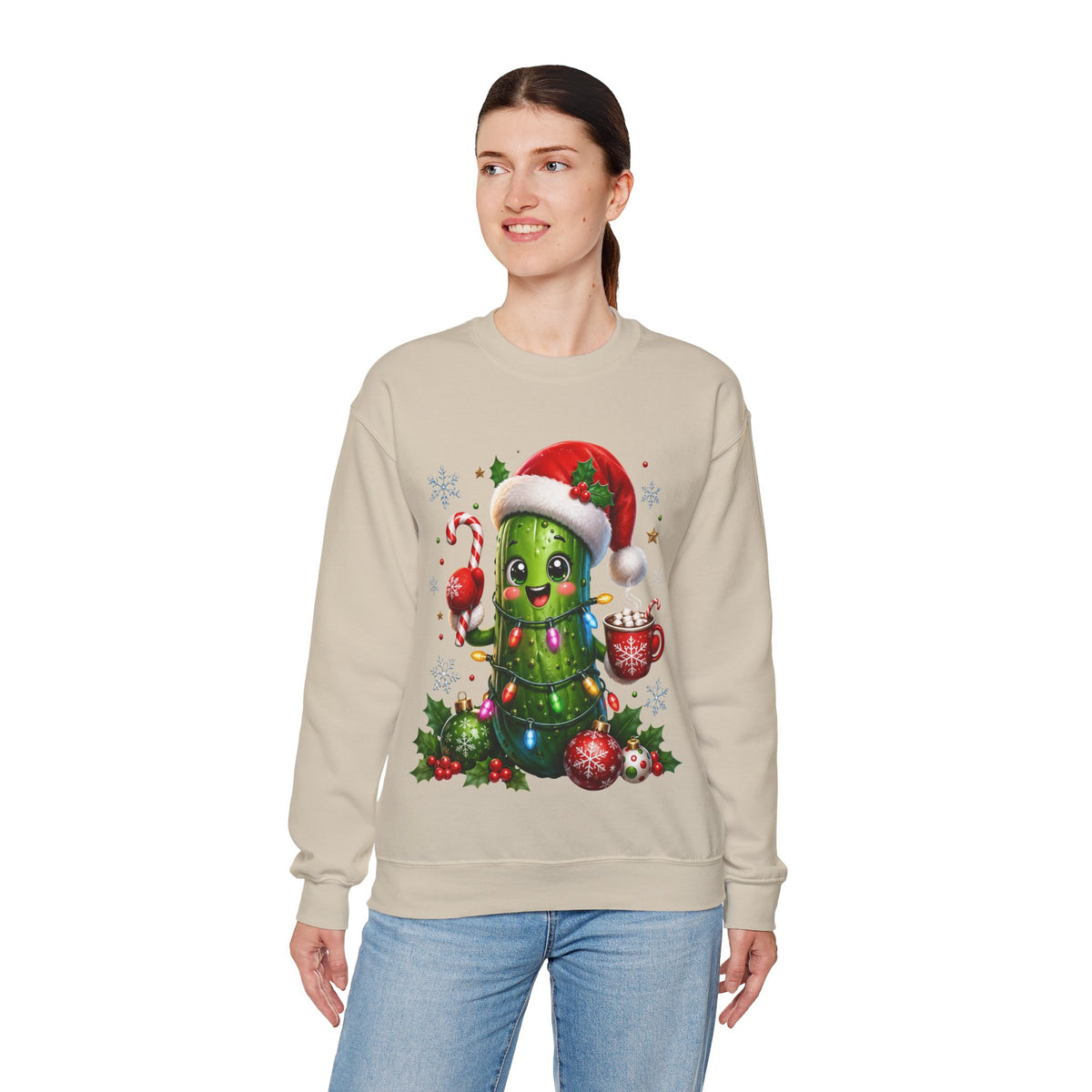 MD - Christmas Pickle Sweatshirt – Cute Holiday Pickle in Santa Hat with Candy Cane & Hot Cocoa