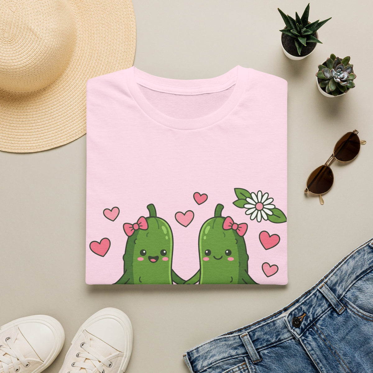Cute Pickle Couple T-Shirt — Kawaii Matching Pickles with Hearts & Flowers