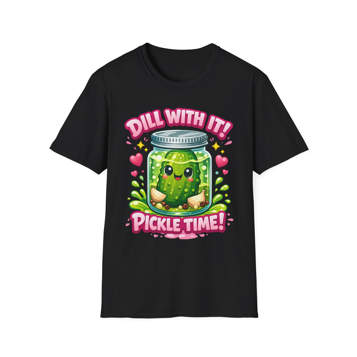 T-Shirt — Cute Kawaii Pickle Jar Design "Dill With It! Pickle Time!" | Funny Foodie Tee