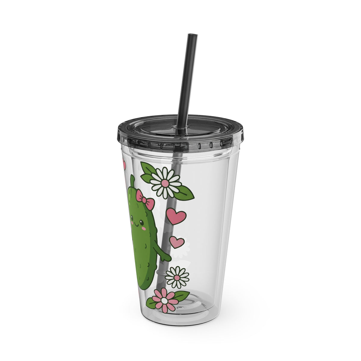 Front Design - Cute Pickle Couple Tumbler — 16oz Acrylic Cup with Straw, Kawaii Hearts & Flowers