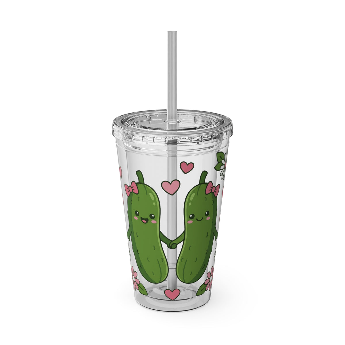Front Design - Cute Pickle Couple Tumbler — 16oz Acrylic Cup with Straw, Kawaii Hearts & Flowers