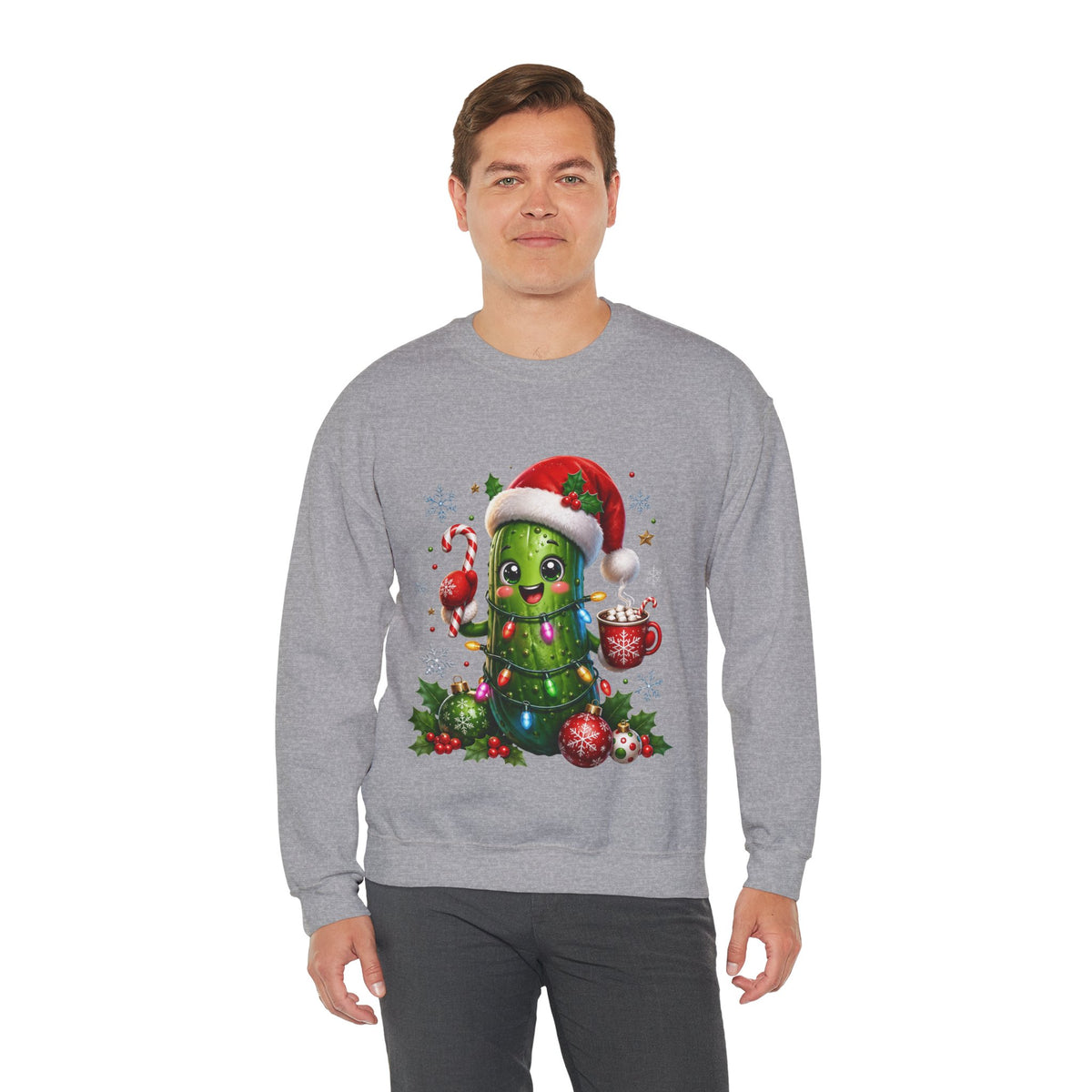 Christmas Pickle Sweatshirt – Cute Santa Hat Pickle with Candy Cane & Hot Cocoa