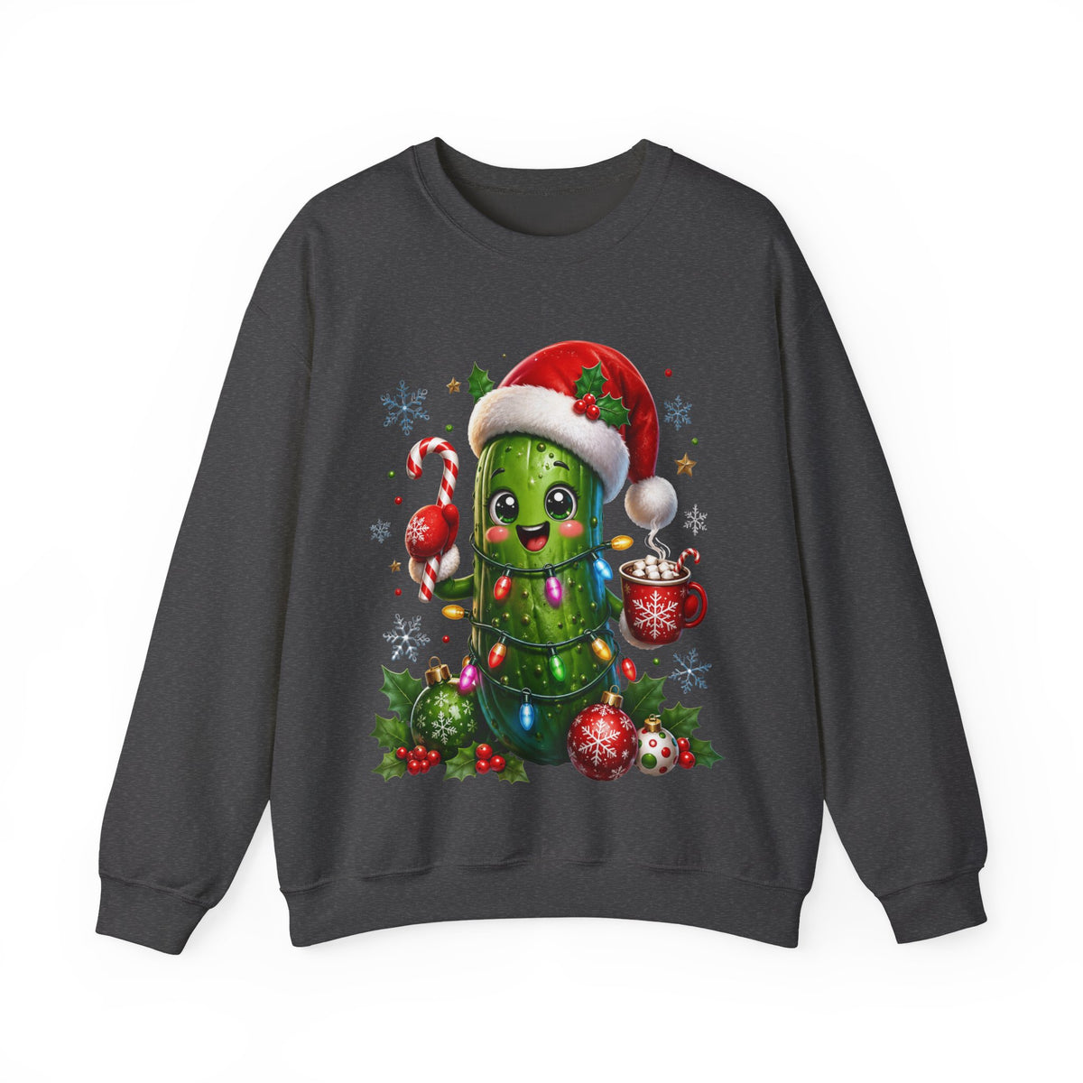 MD - Christmas Pickle Sweatshirt – Cute Holiday Pickle in Santa Hat with Candy Cane & Hot Cocoa