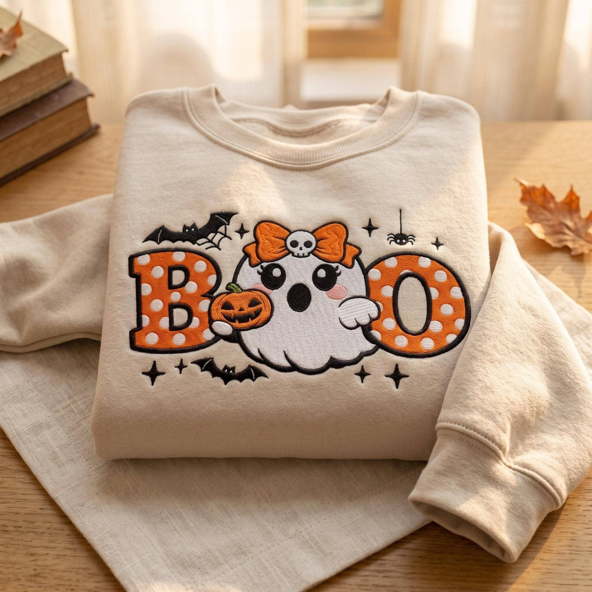 Embroidered Boo Ghost With Bows Shirt, Cute Halloween Shirt