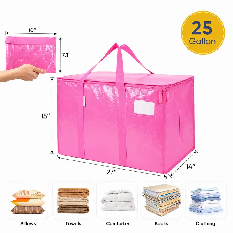 6-Pack 25-Gal Extra Large Zippered Clothes Storage Bags, Heavy-Duty Coated PE Foldable Waterproof Organizer with Fygrip Comfortable Grip, Reinforced Handles, Tag Pockets, 29"L X14"W X13"H, 65 Lbs Capacity for Moving, Storage Organization